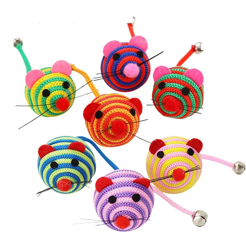 Interactive Cat Toy Mouse with Bell - Striped Nylon Rope Ball