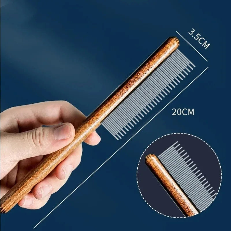 Wooden Handle Cat Grooming Comb - Stainless Steel Pet Hair Remover & Massage Brush