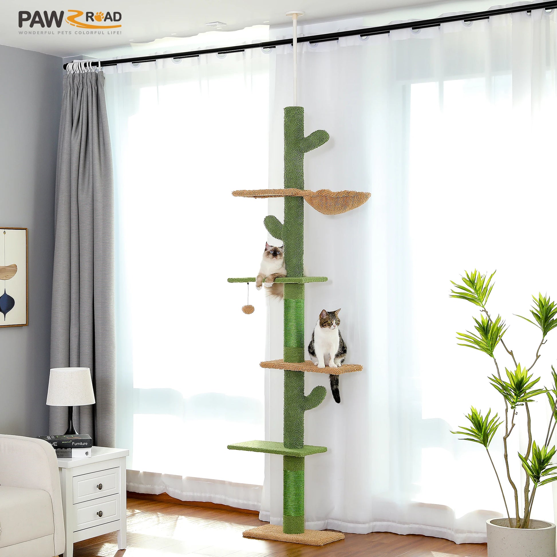 Floor-to-Ceiling Cactus Cat Tree - 5-Tier Climbing Tower with Adjustable Height & Scratching Posts