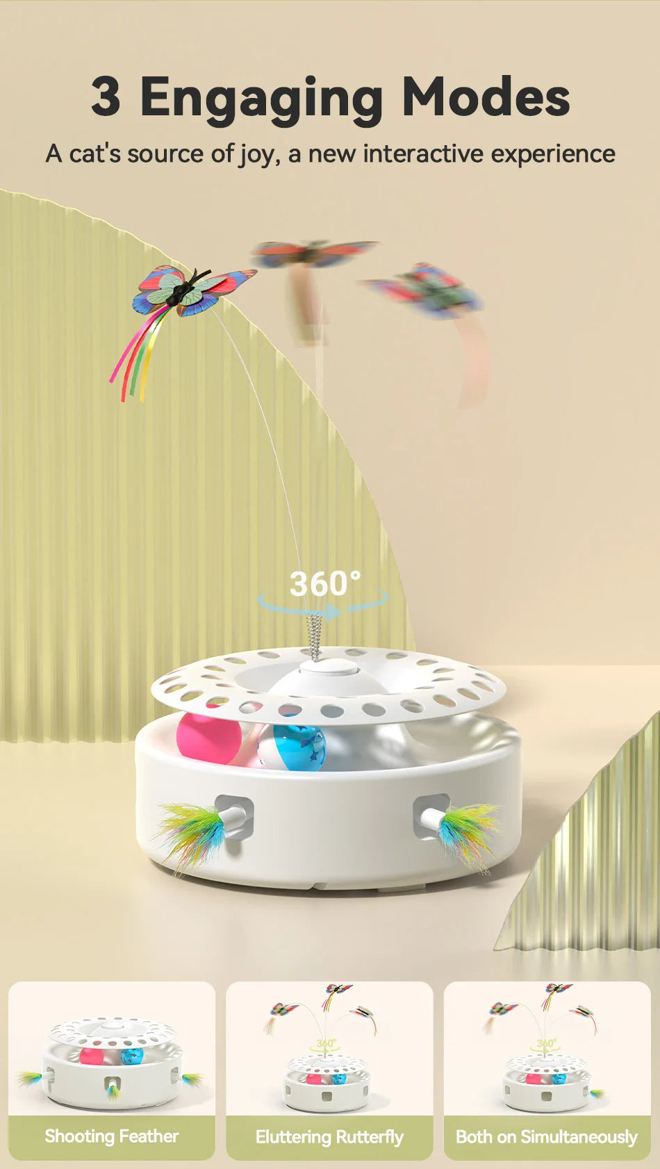 ROJECO 3-in-1 Automatic Interactive Cat Toy - Wireless Feather Teaser with Track Ball & Ambush Play System