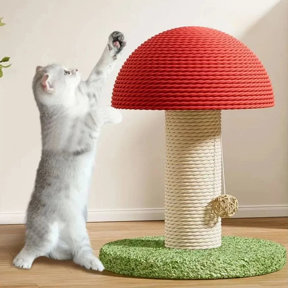 Red Mushroom Cat Scratching Post - Sisal Climbing Tower with Natural Rope Wrapping