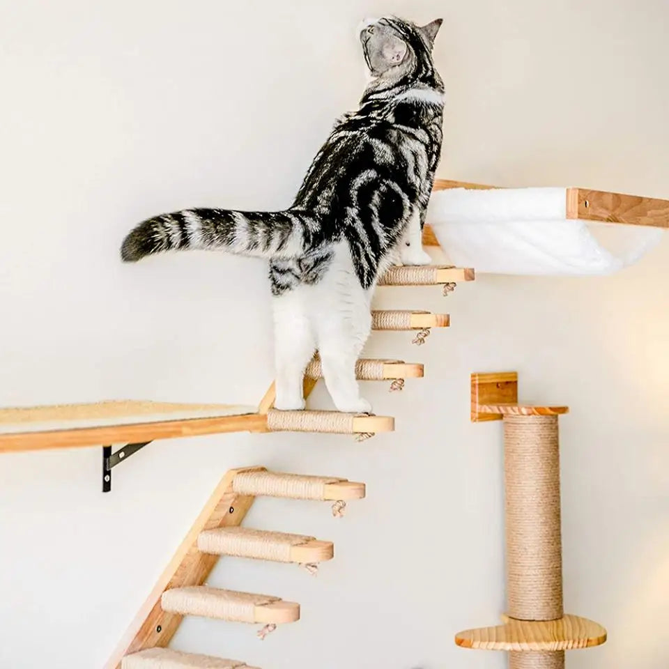 Wooden Cat Wall Climbing System - Modular Shelves & Scratching Posts with Sisal Rope