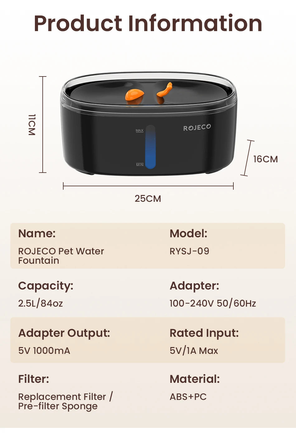 ROJECO 2.5L Automatic Cat Water Fountain - Dual Bowl Wireless Pet Drinking Fountain with Ultra-Quiet Pump for Cats or Small Dogs