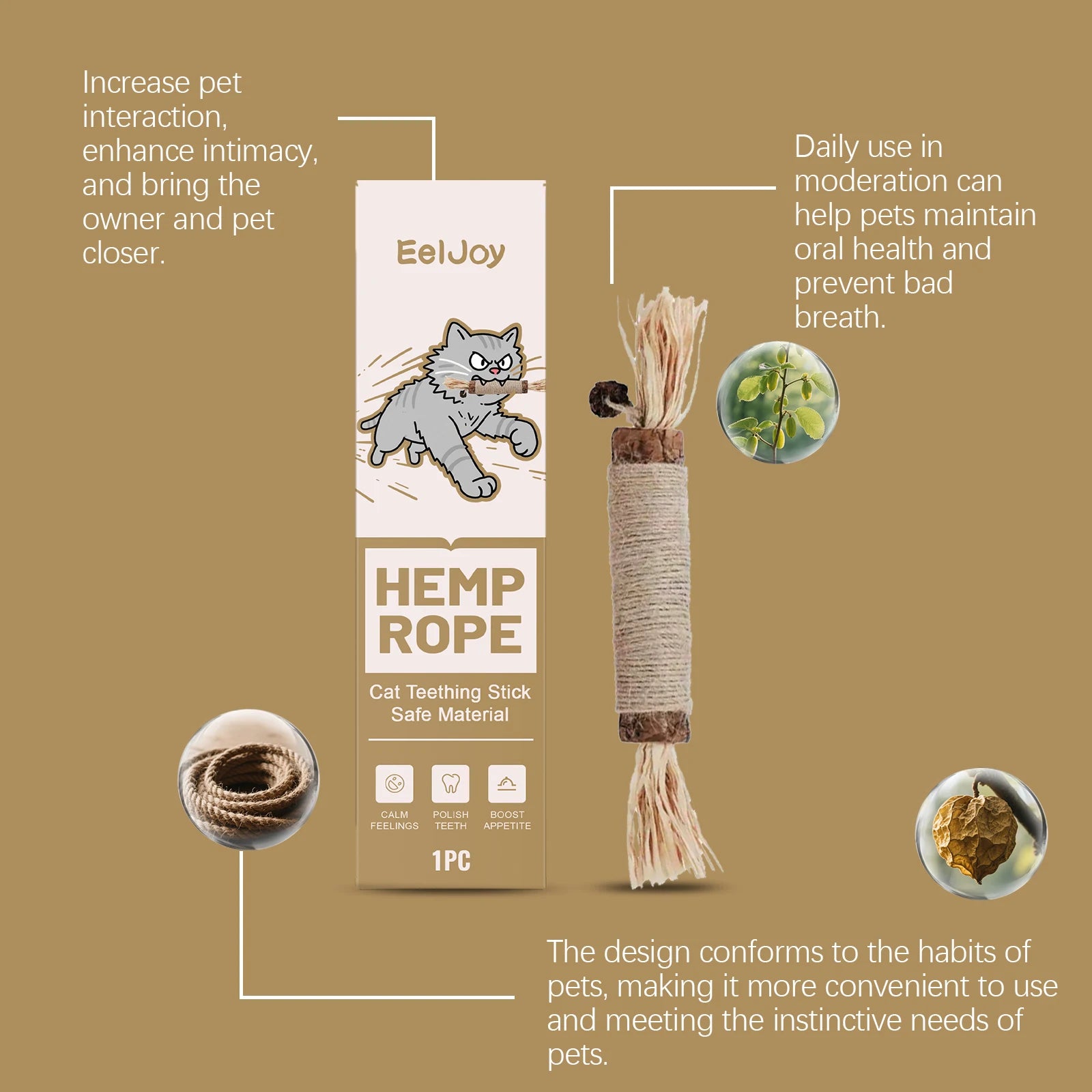 EelJoy Cat Dental Chew Stick - Natural Hemp Rope Teeth Grinding Toy