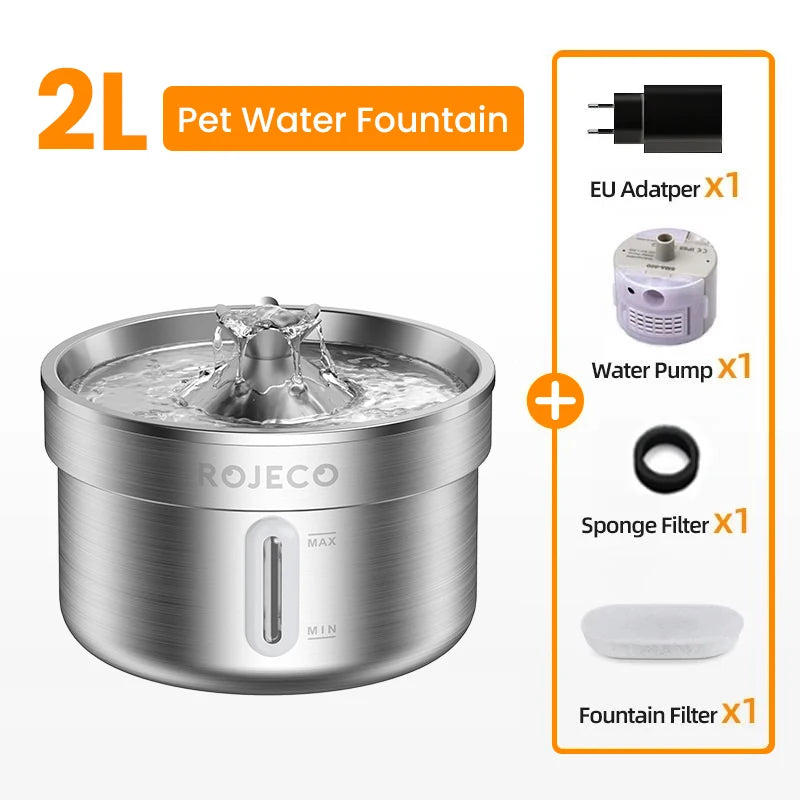 ROJECO Stainless Steel Cat Water Fountain - Automatic Pet Drinking Fountain