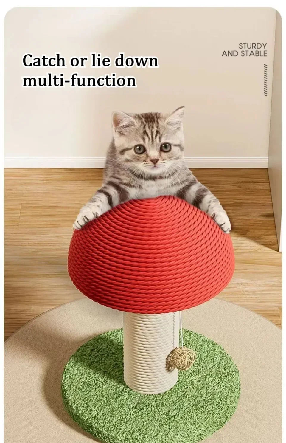 Red Mushroom Cat Scratching Post - Sisal Climbing Tower with Natural Rope Wrapping