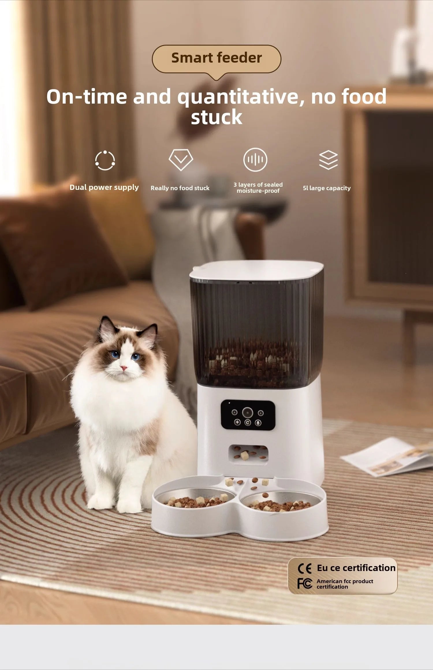 Smart WiFi Cat Feeder with HD Camera - 5L Automatic Pet Food Dispenser with Voice Control & Stainless Steel Bowl