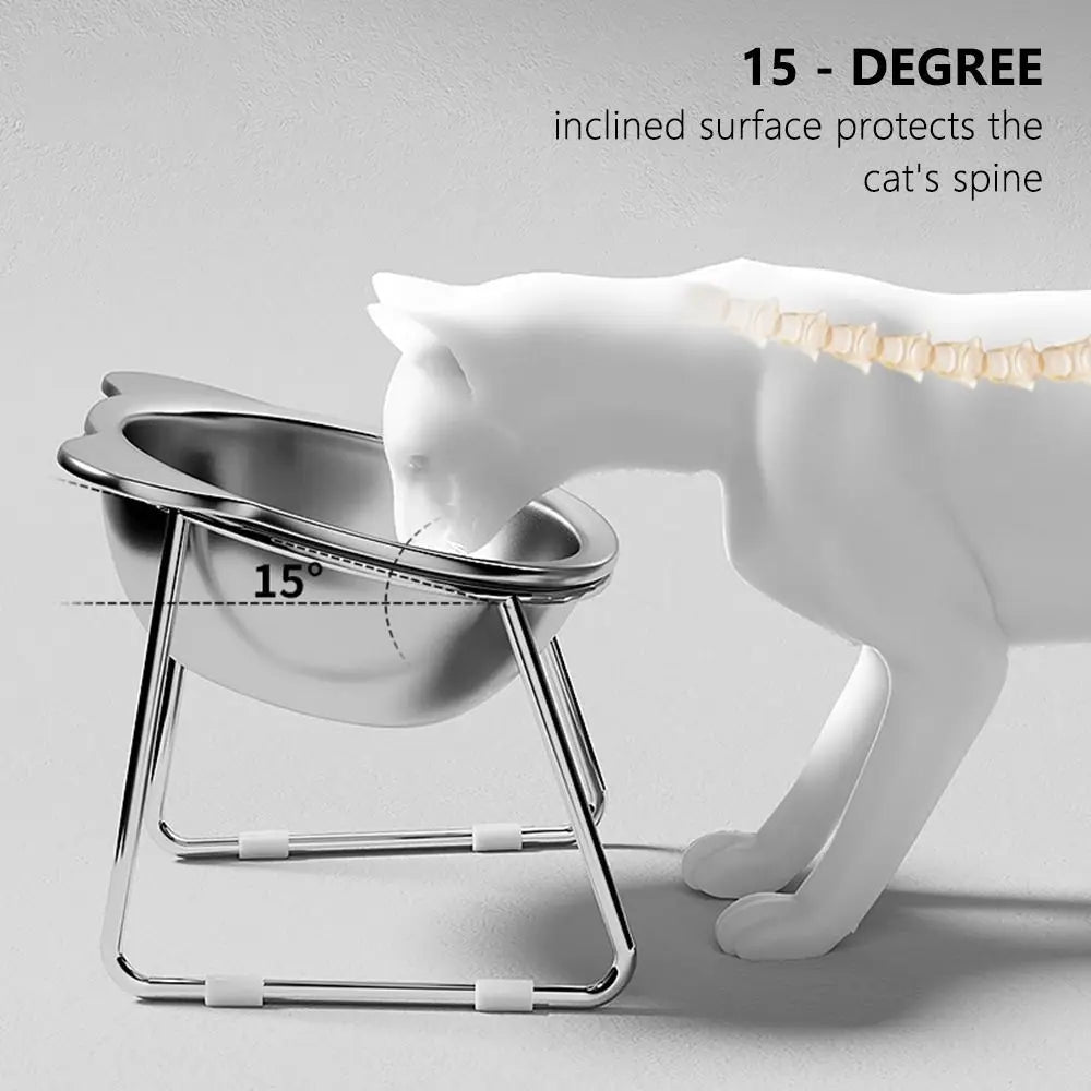 Elevated Cat Bowl with 15° Tilt – Stainless Steel Raised Feeder with Neck Support for Comfortable Feeding