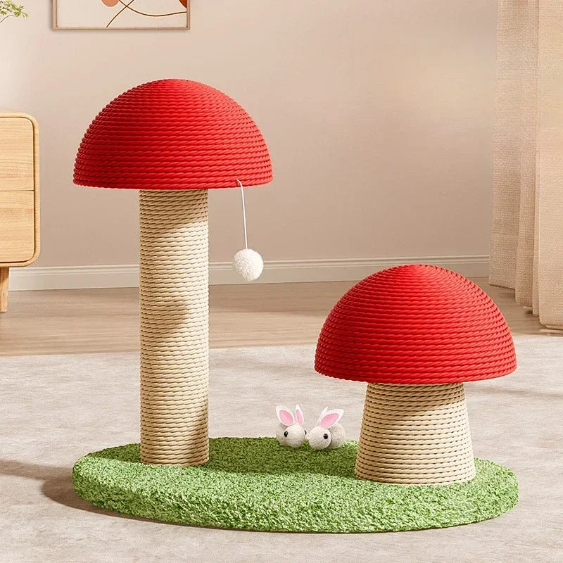Red Mushroom Cat Scratching Post - Sisal Climbing Tower with Natural Rope Wrapping