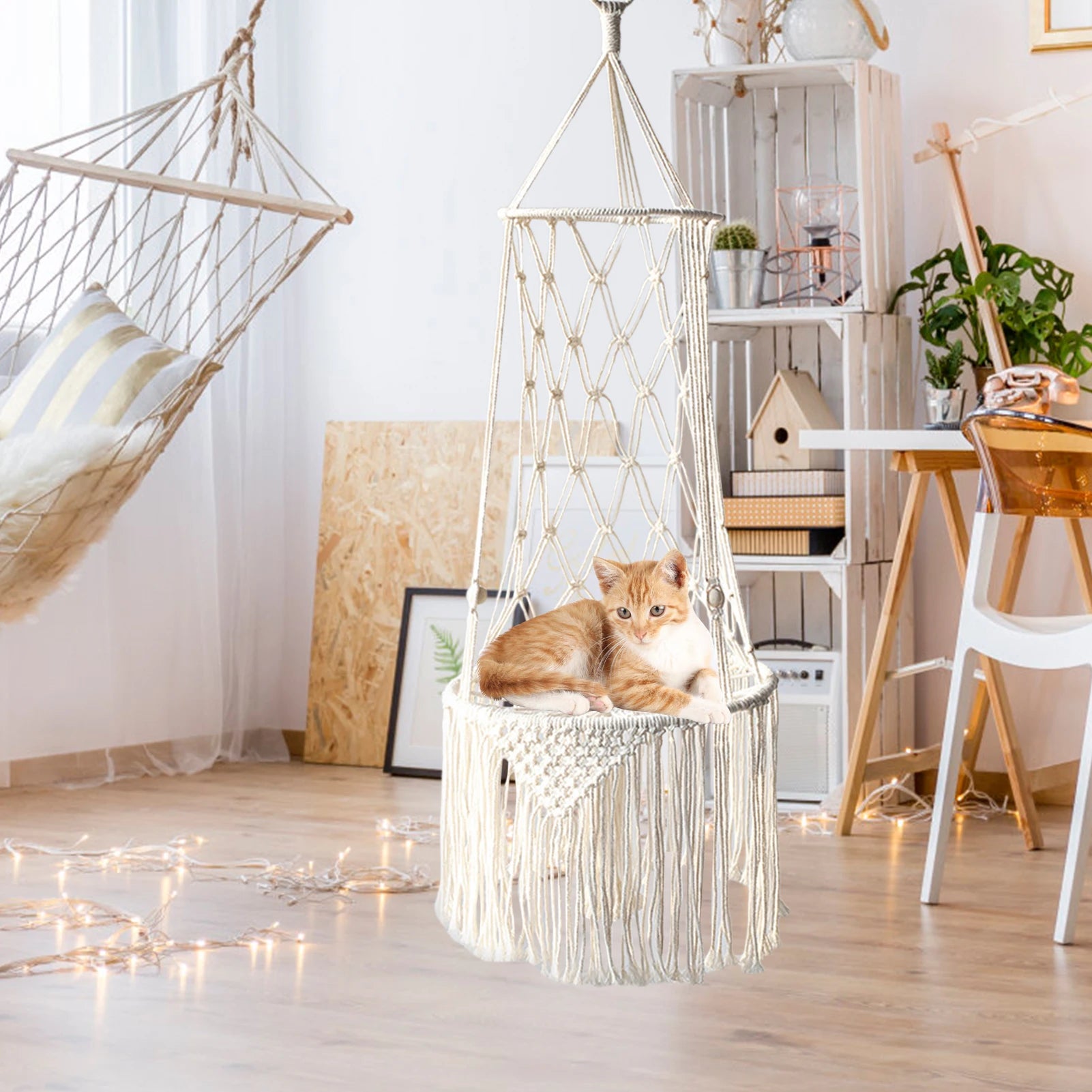 Handwoven Macrame Cat Hammock - Bohemian Cotton Swing Bed for Wall Mounting & Home Décor
