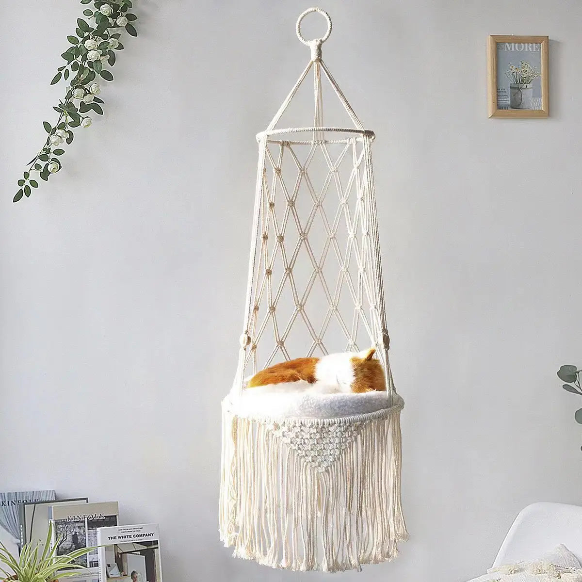 Macramé Cat Hammock - Handwoven Hanging Basket Bed with Wall Mount & Adjustable Height