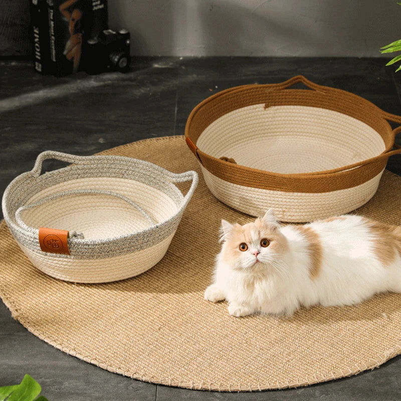 Handwoven Rattan Cat Bed - Natural Eco-Friendly Pet Basket with Removable Washable Cushion & Scratch-Resistant Base