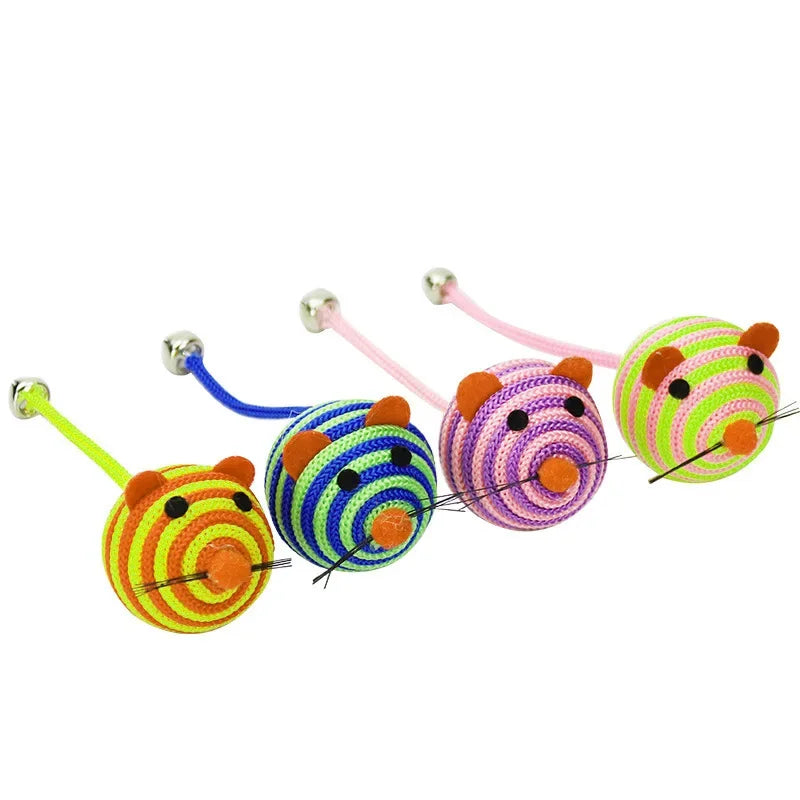 Interactive Cat Toy Mouse with Bell - Striped Nylon Rope Ball