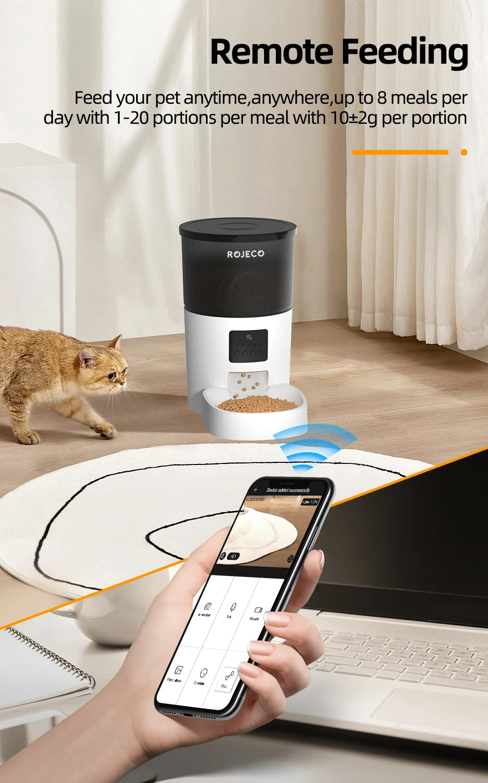 ROJECO Smart Automatic Cat Feeder with Camera - Remote Control Pet Food Dispenser with Voice Recording for Cats and Dogs
