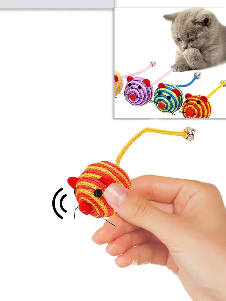 Interactive Cat Toy Mouse with Bell - Striped Nylon Rope Ball