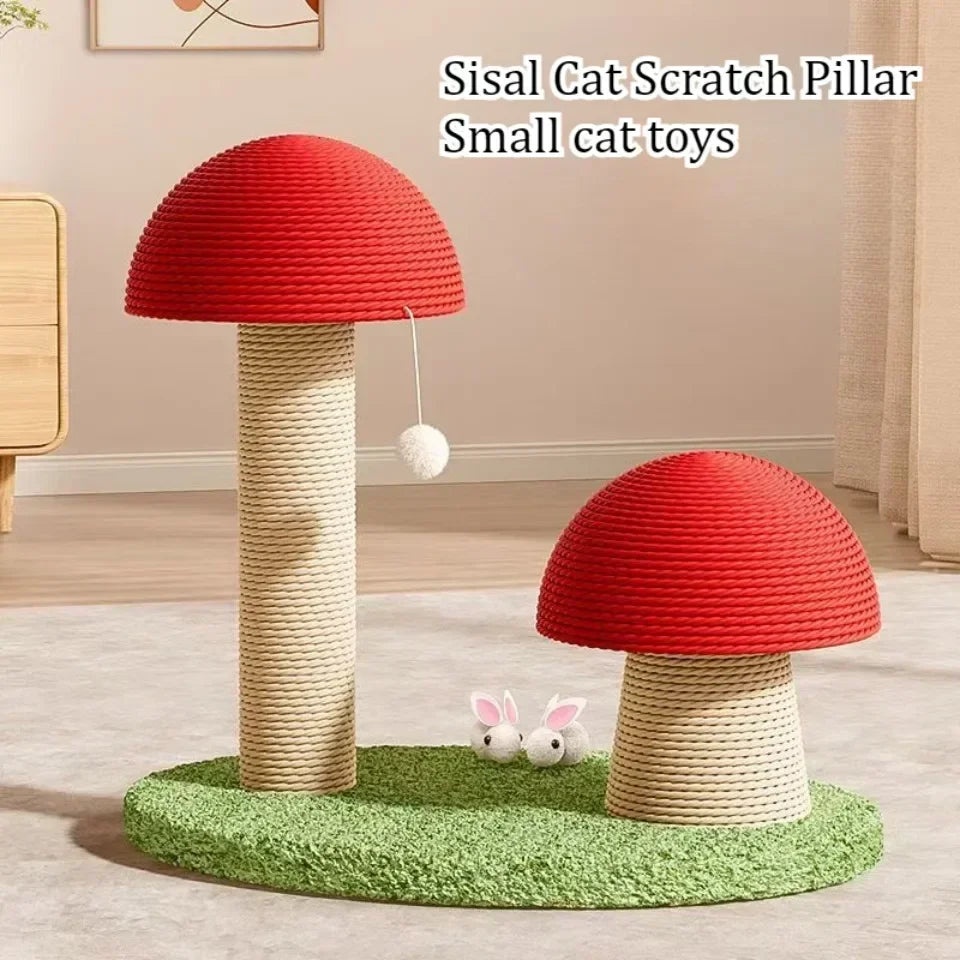 Red Mushroom Cat Scratching Post - Sisal Climbing Tower with Natural Rope Wrapping