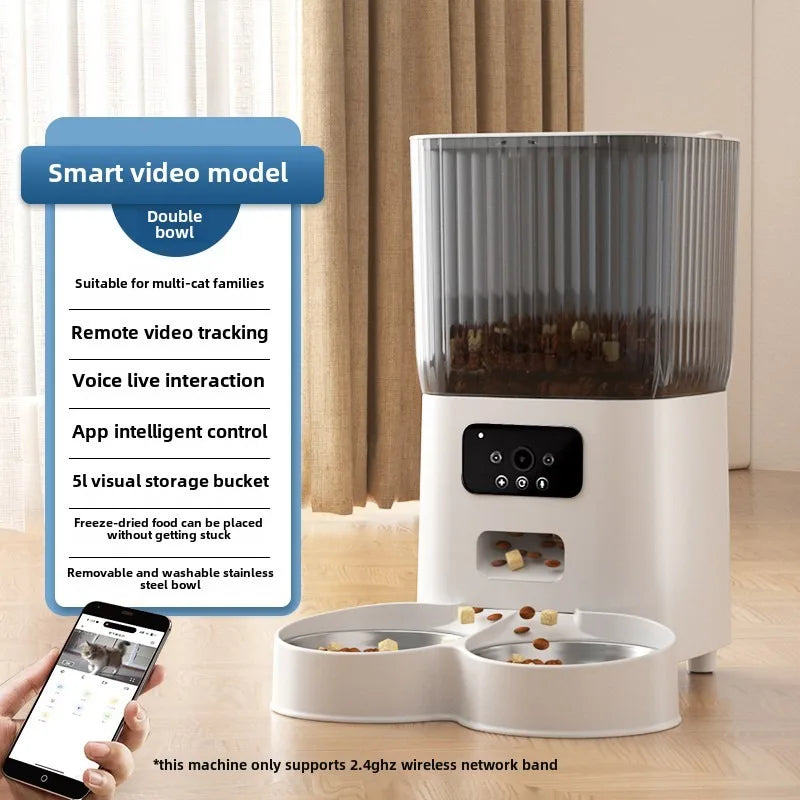 Smart WiFi Cat Feeder with HD Camera - 5L Automatic Pet Food Dispenser with Voice Control & Stainless Steel Bowl