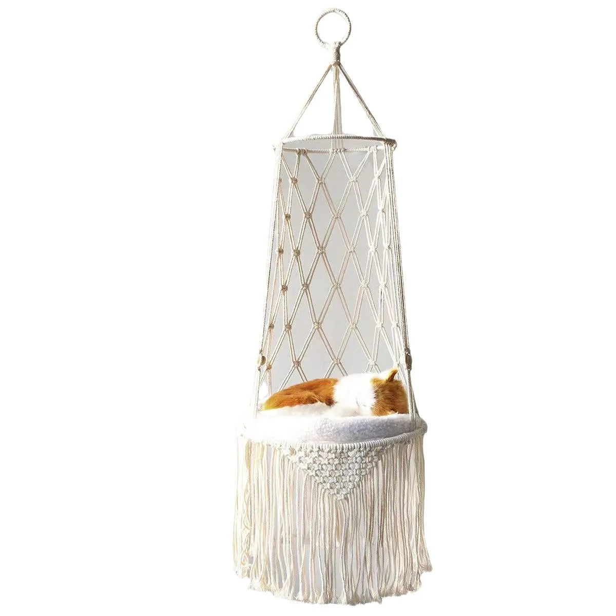 Macramé Cat Hammock - Handwoven Hanging Basket Bed with Wall Mount & Adjustable Height
