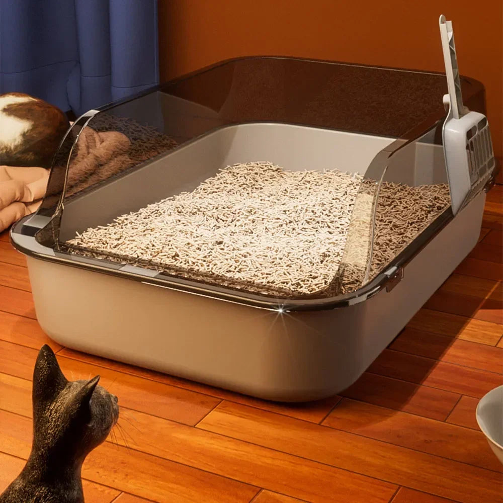 Large Open Cat Litter Box - High-Sided Anti-Splash Design with Easy-Clean Plastic Construction