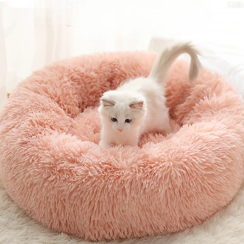 Luxurious Round Plush Cat Bed - Cosy Donut Design with Removable Washable Cover