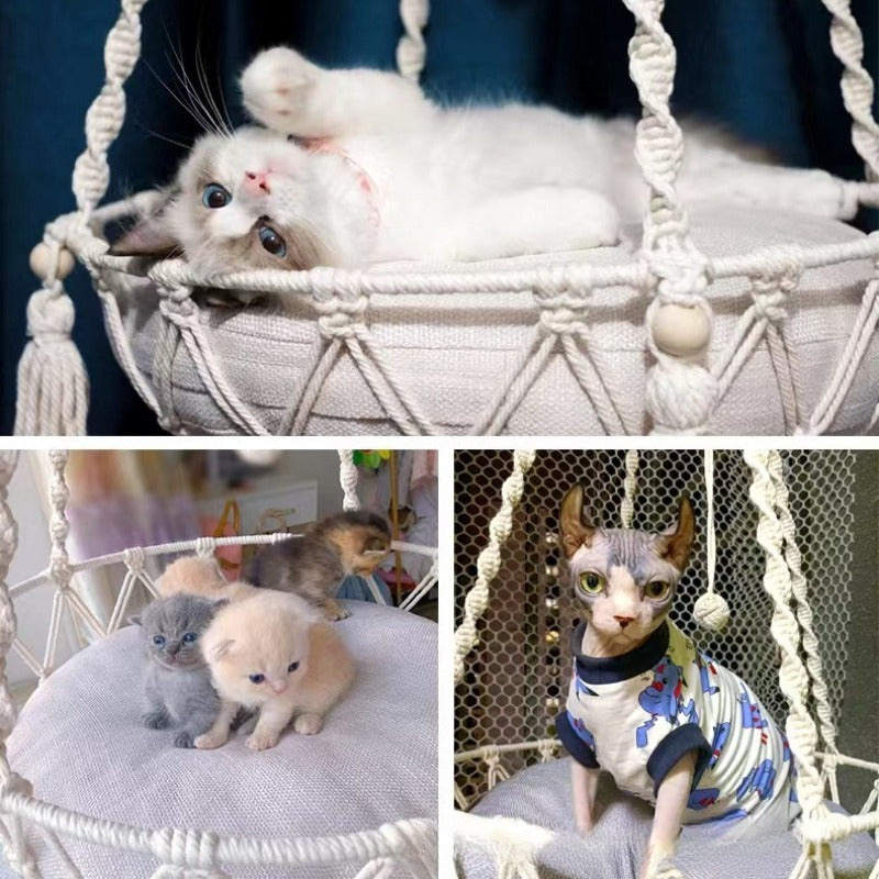 Handwoven Macramé Cat Hammock - Suspended Cotton Rope Basket with Cushion for Indoor Cats