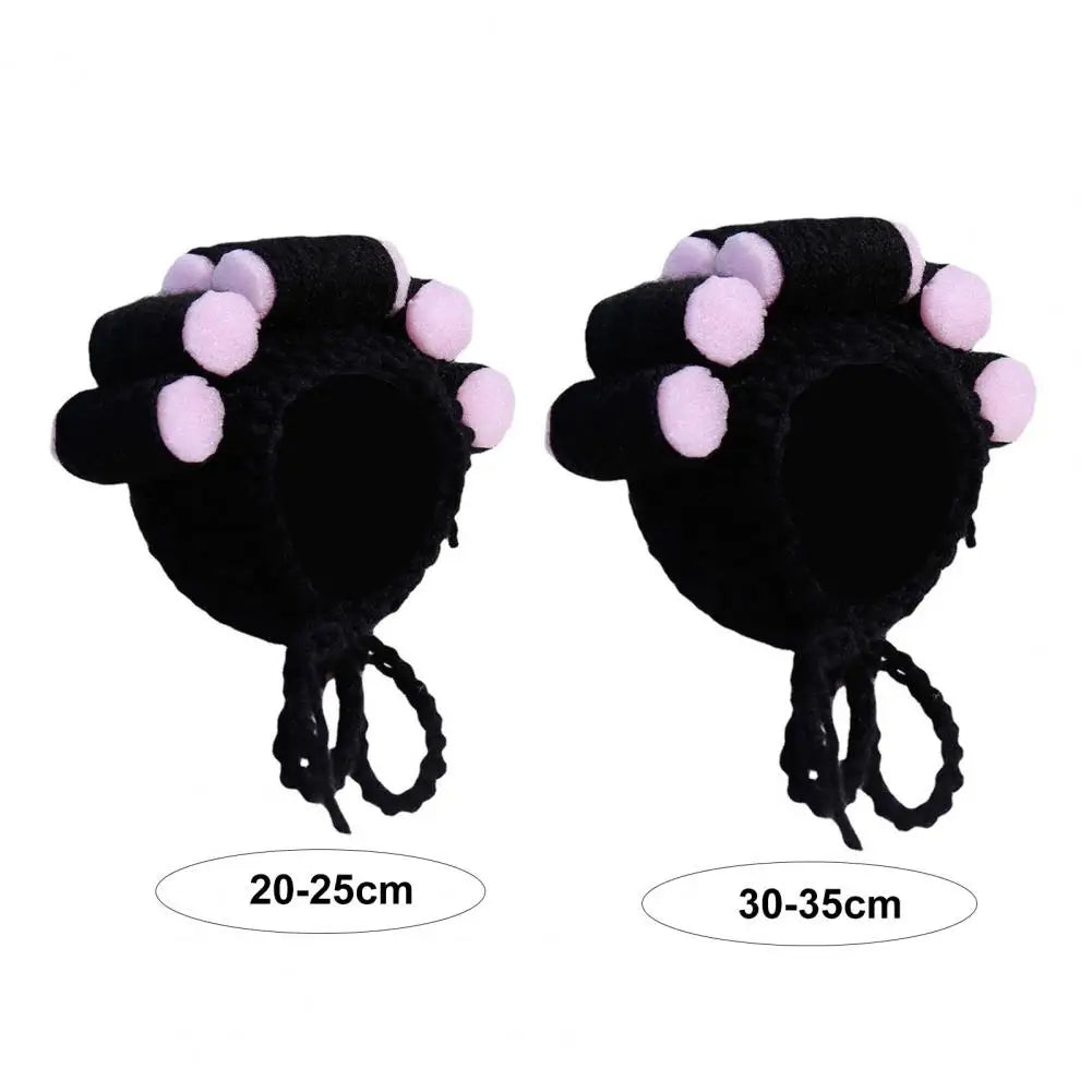 Cat Hat with Hair Rollers - Adjustable Knitted Pet Headdress for Dress-Up and Photography