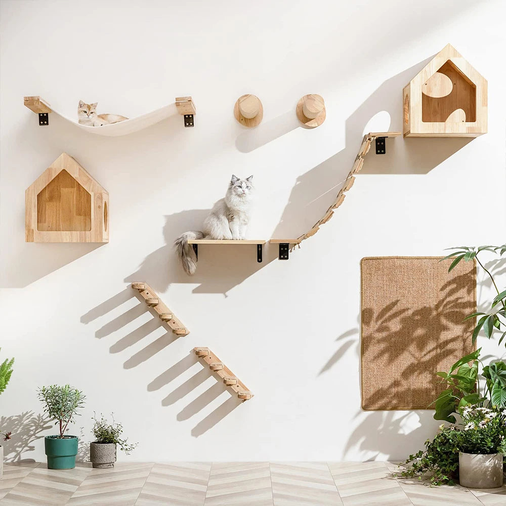 Modular Cat Wall Climbing System - Natural Wood Wall-Mounted Shelves, Steps & Hideaways