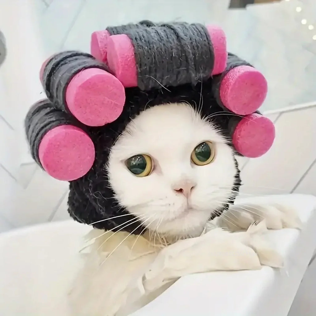 Cat Curler Hat - Adjustable Novelty Pet Headwear with Pink Hair Rollers