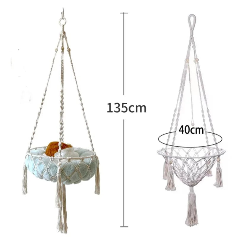 Handwoven Macramé Cat Hammock - Suspended Cotton Rope Basket with Cushion for Indoor Cats