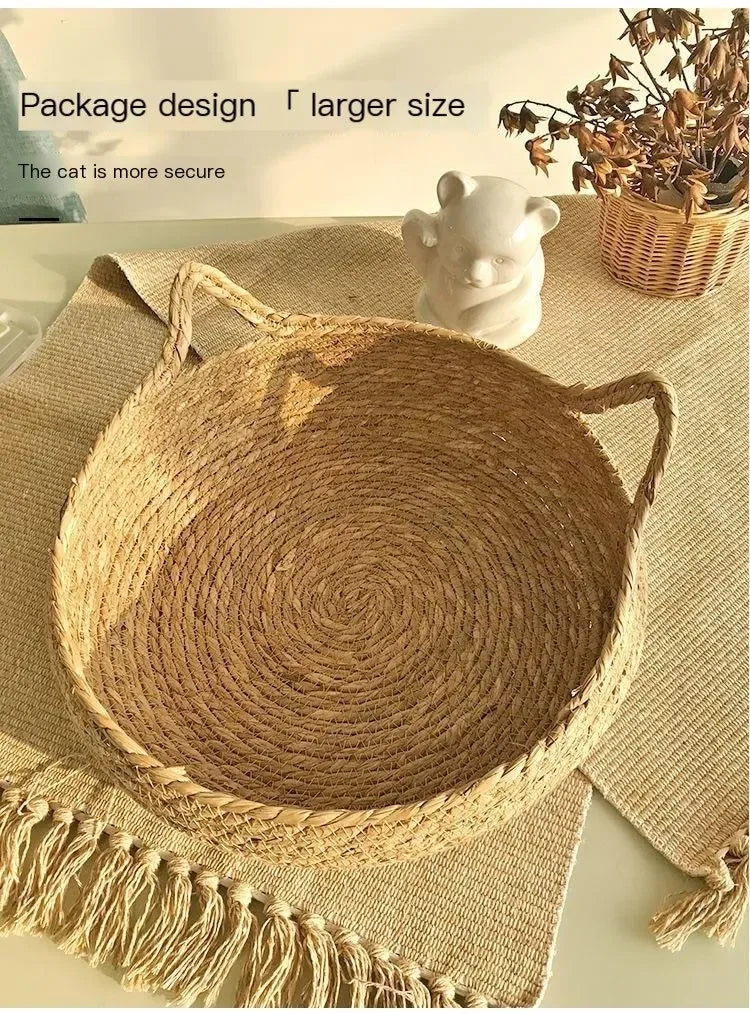 Handwoven Natural Cat Bed - Removable Cushion with Year-Round Comfort & Easy-Wash Design