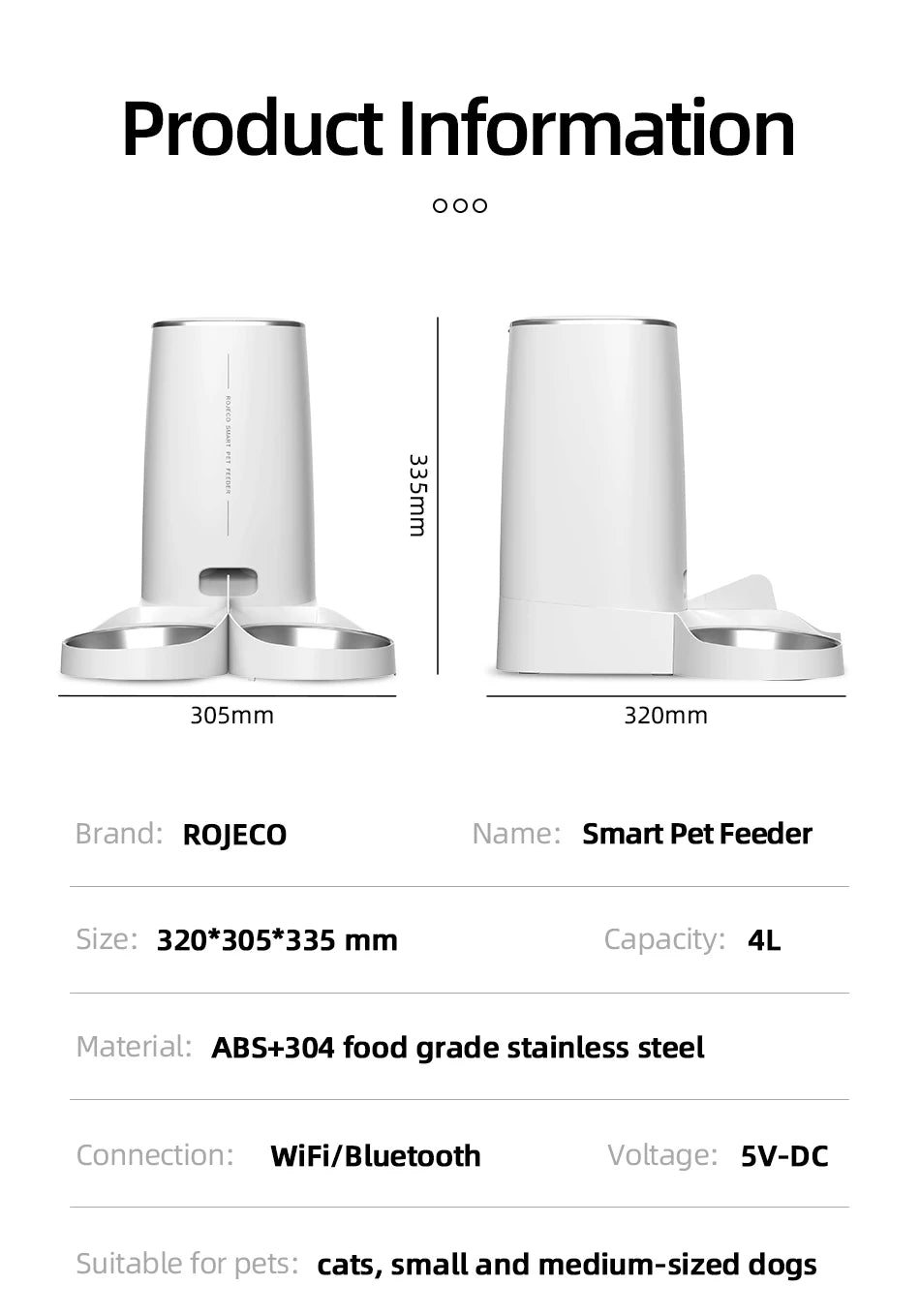 ROJECO 4L Automatic Cat Feeder with WiFi Remote Control - Smart Pet Food Dispenser for Cats
