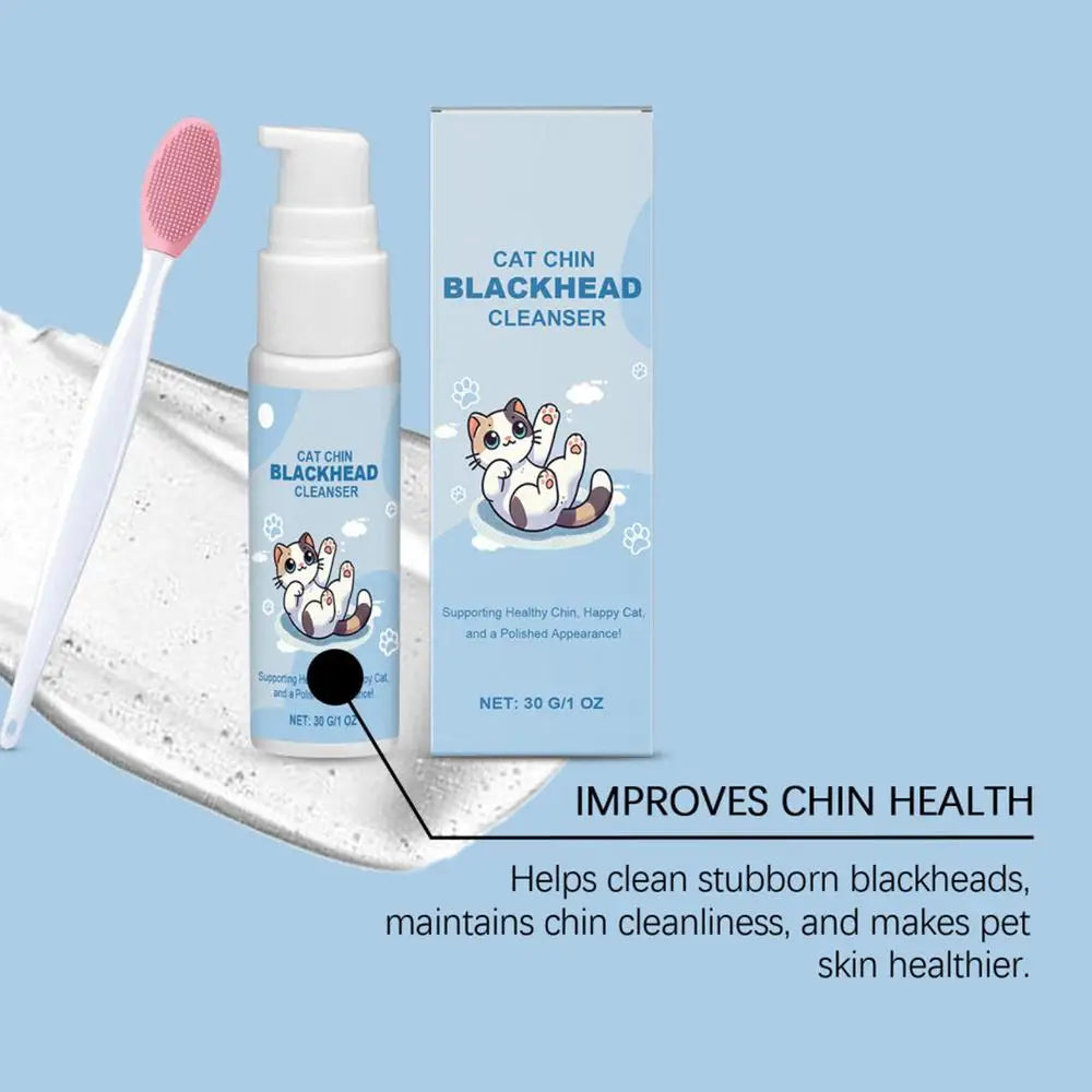 Cat Chin Cleaner 30g - Feline Acne Treatment Lotion with Grooming Brush for Blackhead Removal