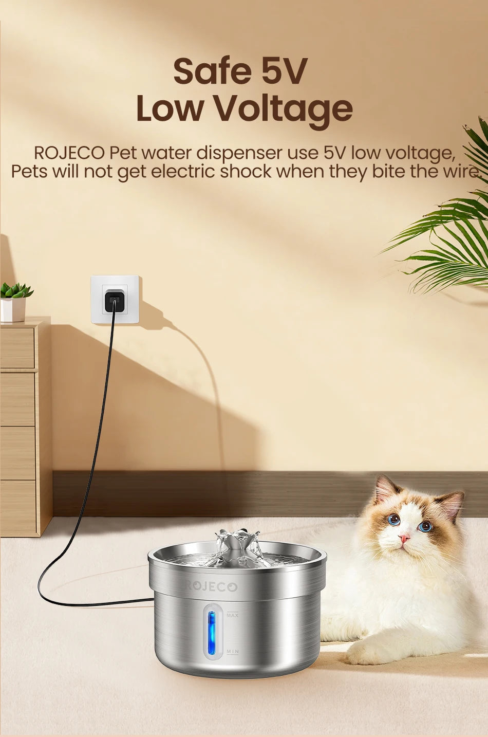 ROJECO Stainless Steel Cat Water Fountain - Automatic Pet Drinking Fountain