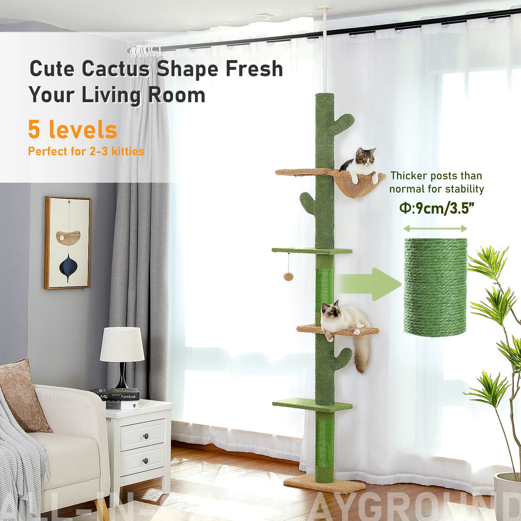 Floor-to-Ceiling Cactus Cat Tree - 5-Tier Climbing Tower with Adjustable Height & Scratching Posts
