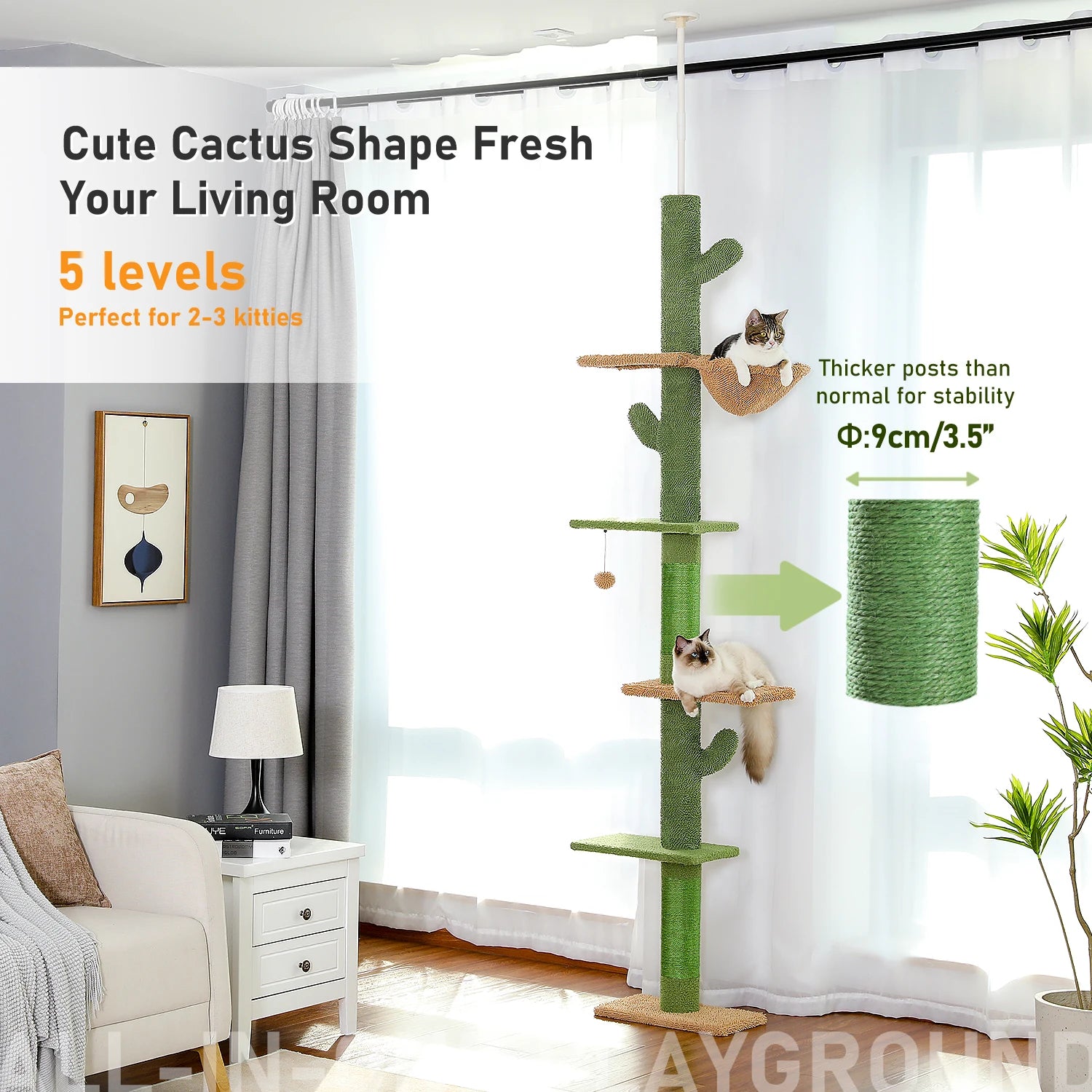 Floor-to-Ceiling Cactus Cat Tree - 5-Tier Climbing Tower with Adjustable Height & Scratching Posts
