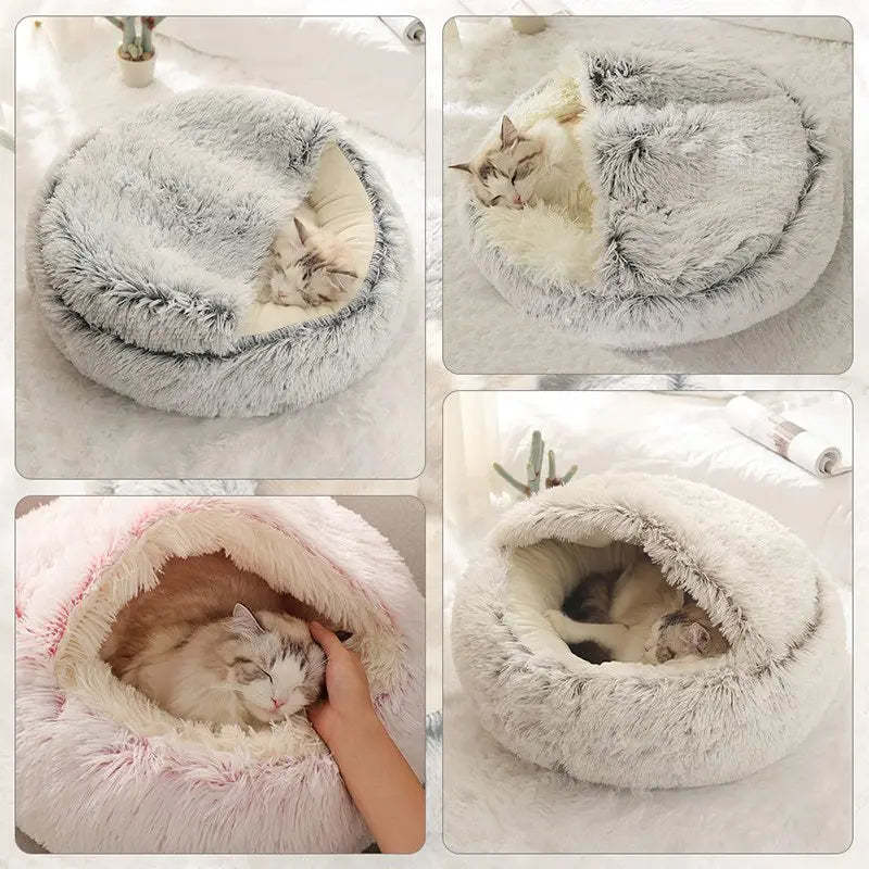 2-in-1 Plush Cave Cat Bed - Convertible Hooded Pet Nest with Removable Cover for Small Cats & Dogs