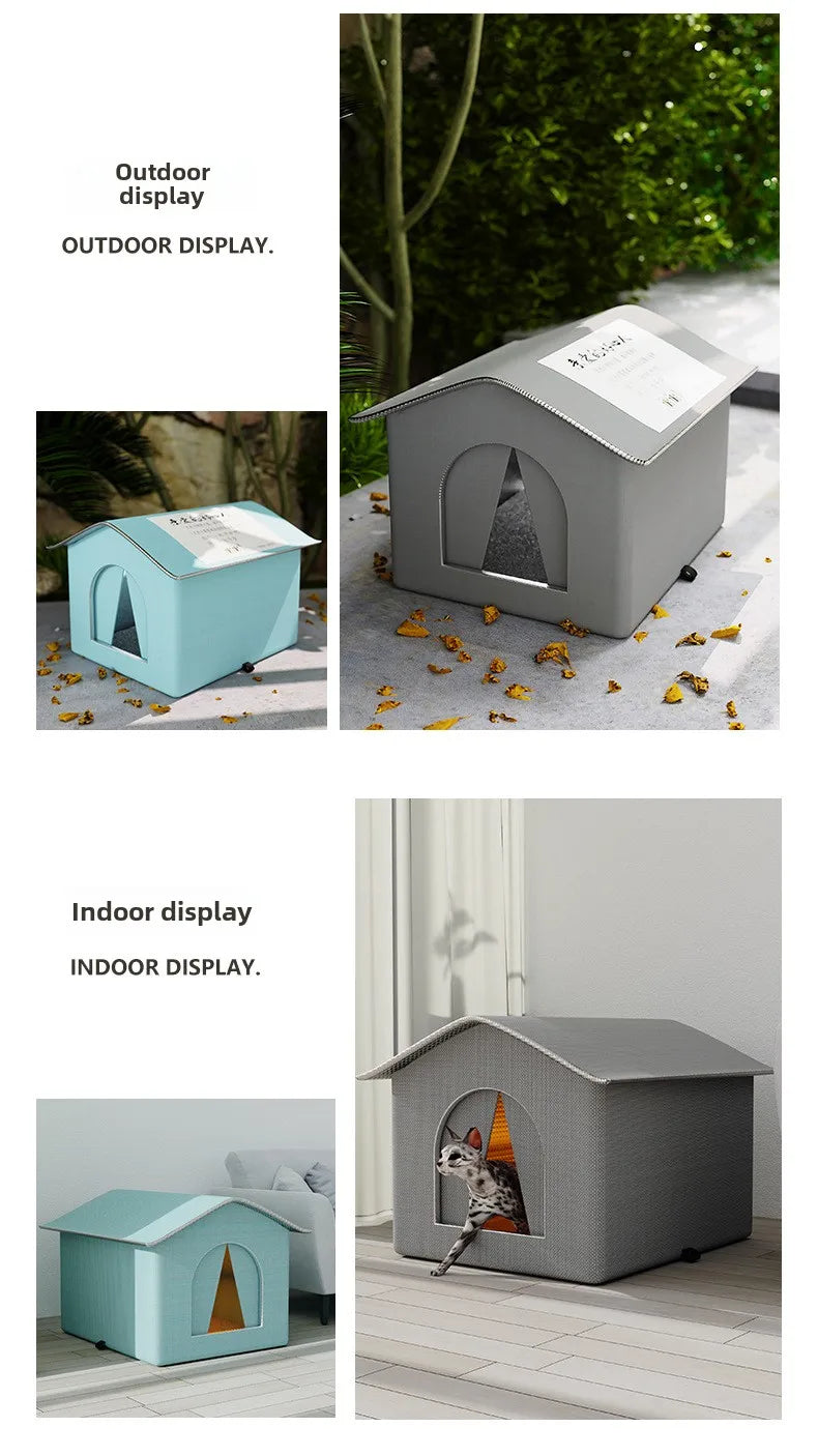 Waterproof Outdoor Cat House - Insulated Shelter with Foldable Washable Plush Bed for Cats