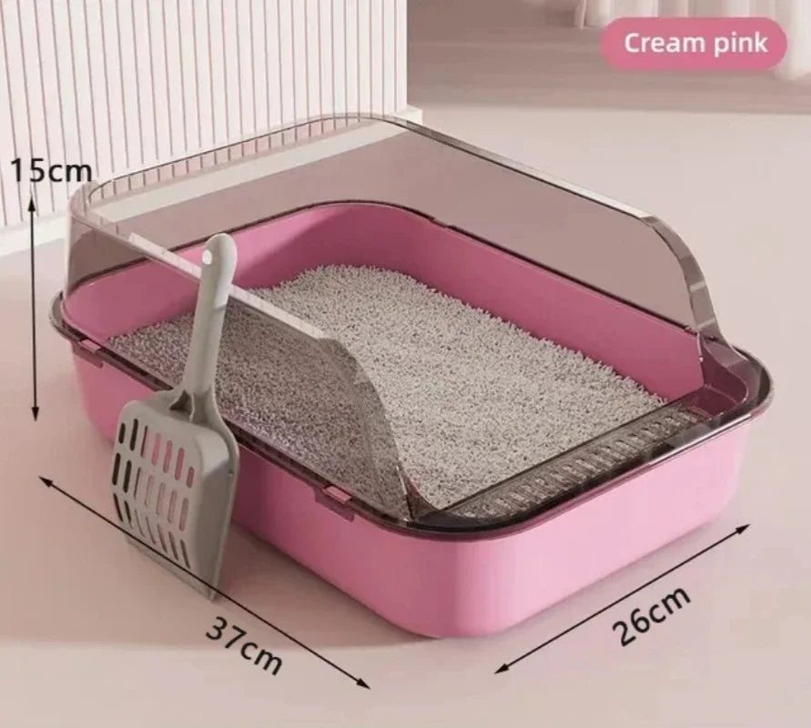 Semi-Enclosed Cat Litter Tray with Splash Guard - Anti-Tracking Design for Clean Homes