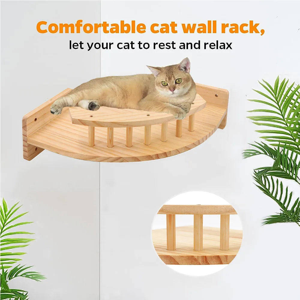 Modular Wall-Mounted Cat Climbing System - Wooden Cat Tree Shelves with Hammocks & Scratching Posts
