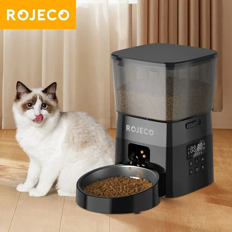 ROJECO Automatic Cat Feeder with LCD Display - Programmable Pet Food Dispenser for Cats and Dogs