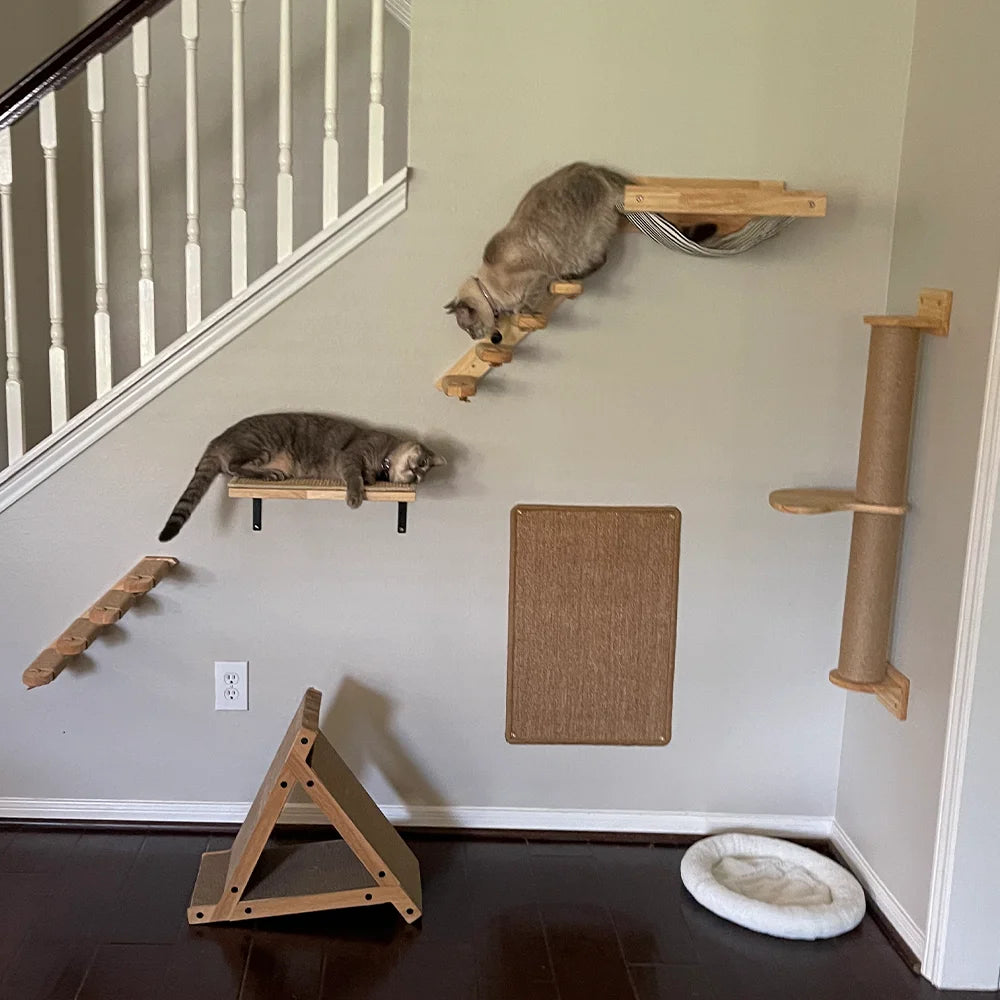 Premium Wooden Cat Wall Furniture Set - Multi-Level Climbing Shelves, Hammocks & Scratching Posts for Indoor Cats