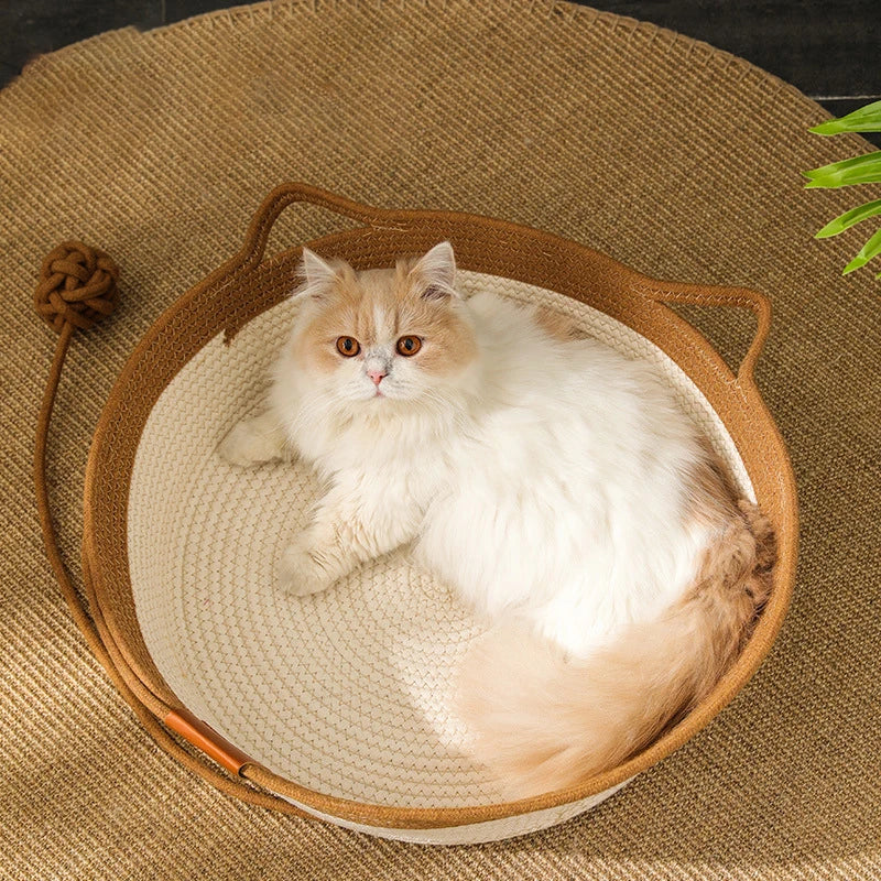 Handwoven Rattan Cat Bed - Natural Eco-Friendly Pet Basket with Removable Washable Cushion & Scratch-Resistant Base