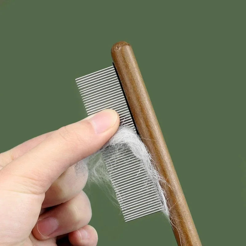 Wooden Handle Cat Grooming Comb - Stainless Steel Pet Hair Remover & Massage Brush