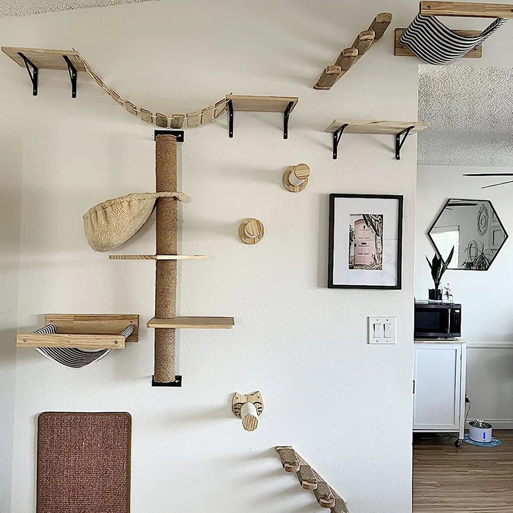 Modular Cat Wall Climbing System - Natural Wood Wall-Mounted Shelves, Steps & Hideaways
