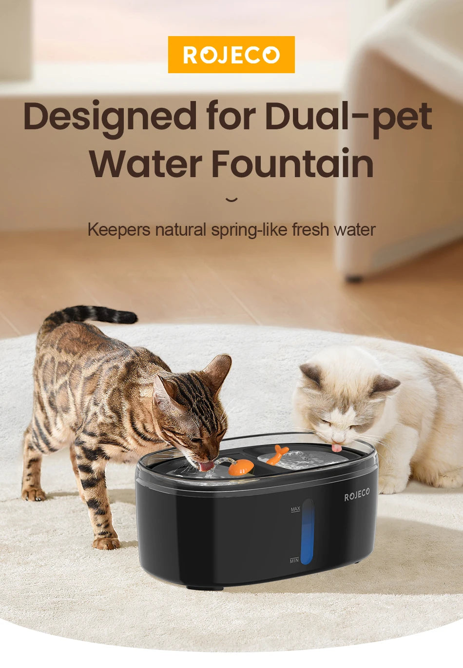 ROJECO 2.5L Automatic Cat Water Fountain - Dual Bowl Wireless Pet Drinking Fountain with Ultra-Quiet Pump for Cats or Small Dogs