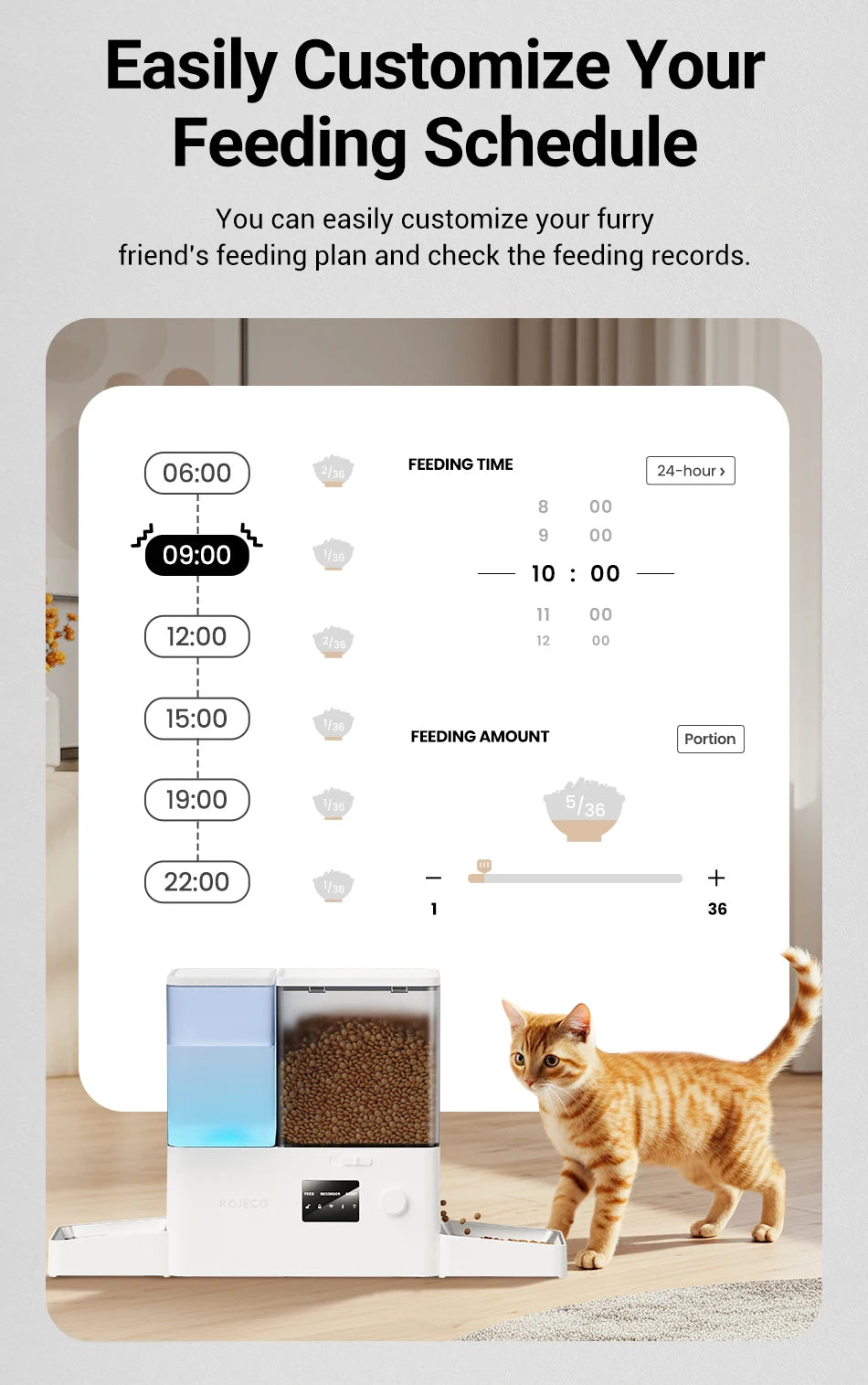ROJECO 2-in-1 Automatic Cat Feeder & Water Fountain - 5L Food Dispenser & 3.5L Water Bowl with WiFi App Control