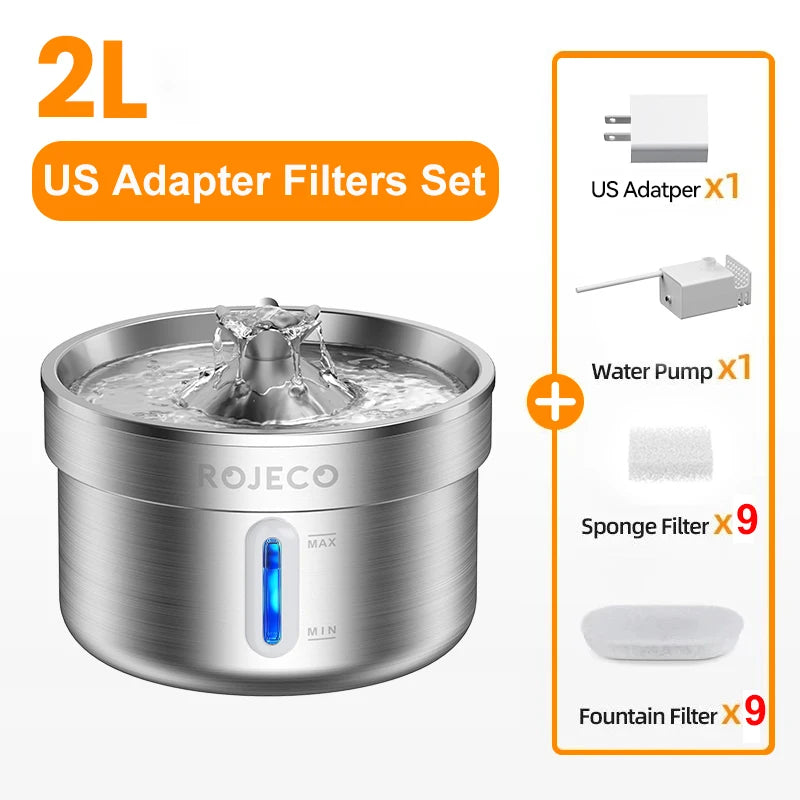 ROJECO Stainless Steel Cat Water Fountain - Automatic Pet Drinking Fountain