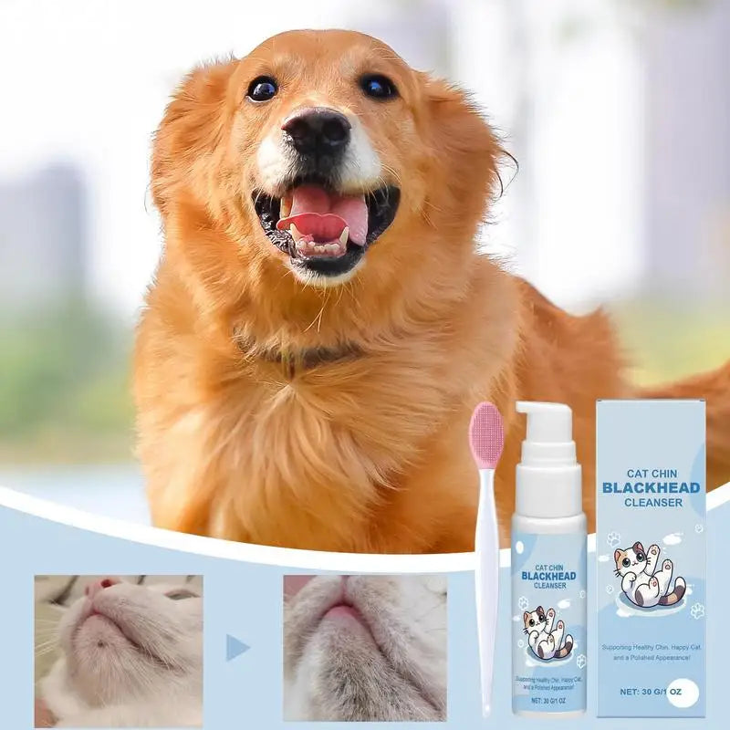 Cat Chin Cleaner 30g - Feline Acne Treatment Lotion with Grooming Brush for Blackhead Removal