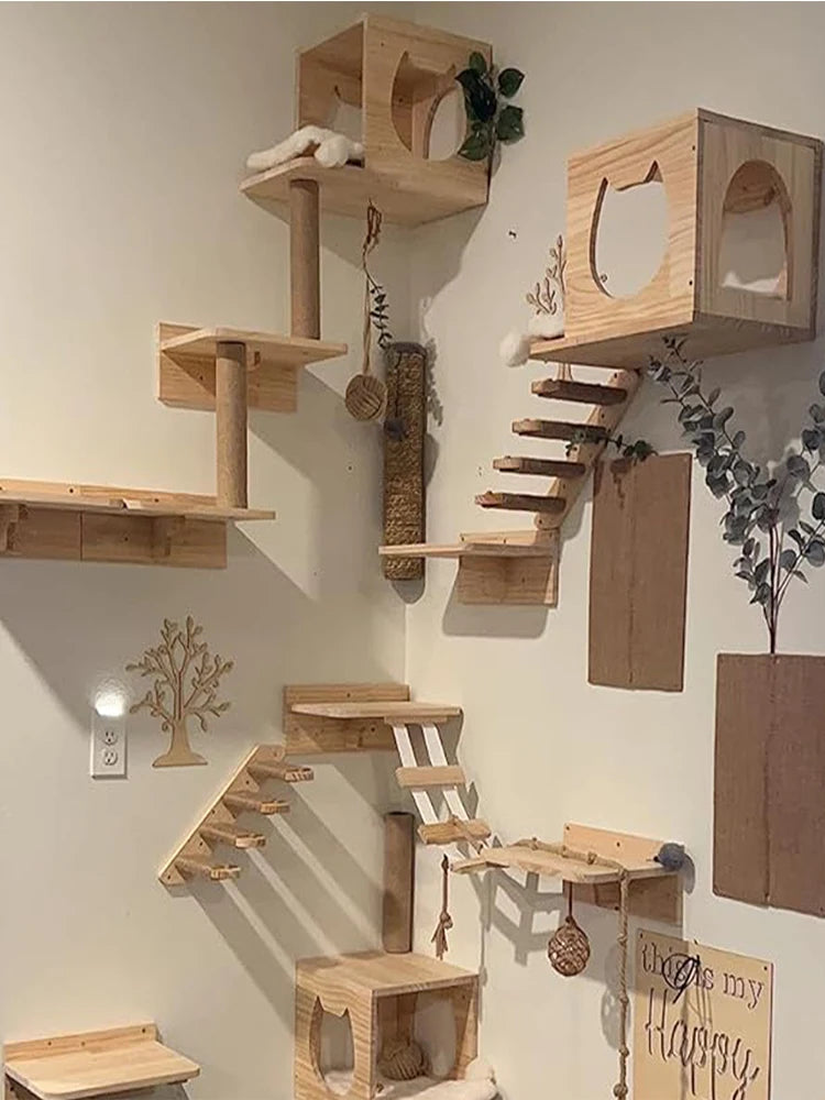 Premium Wooden Cat Wall Furniture Set - Multi-Level Climbing Shelves, Hammocks & Scratching Posts for Indoor Cats