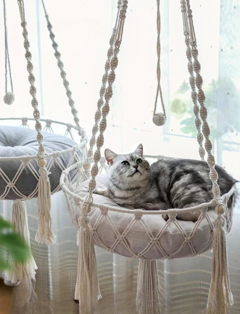 Handwoven Macramé Cat Hammock - Suspended Cotton Rope Basket with Cushion for Indoor Cats